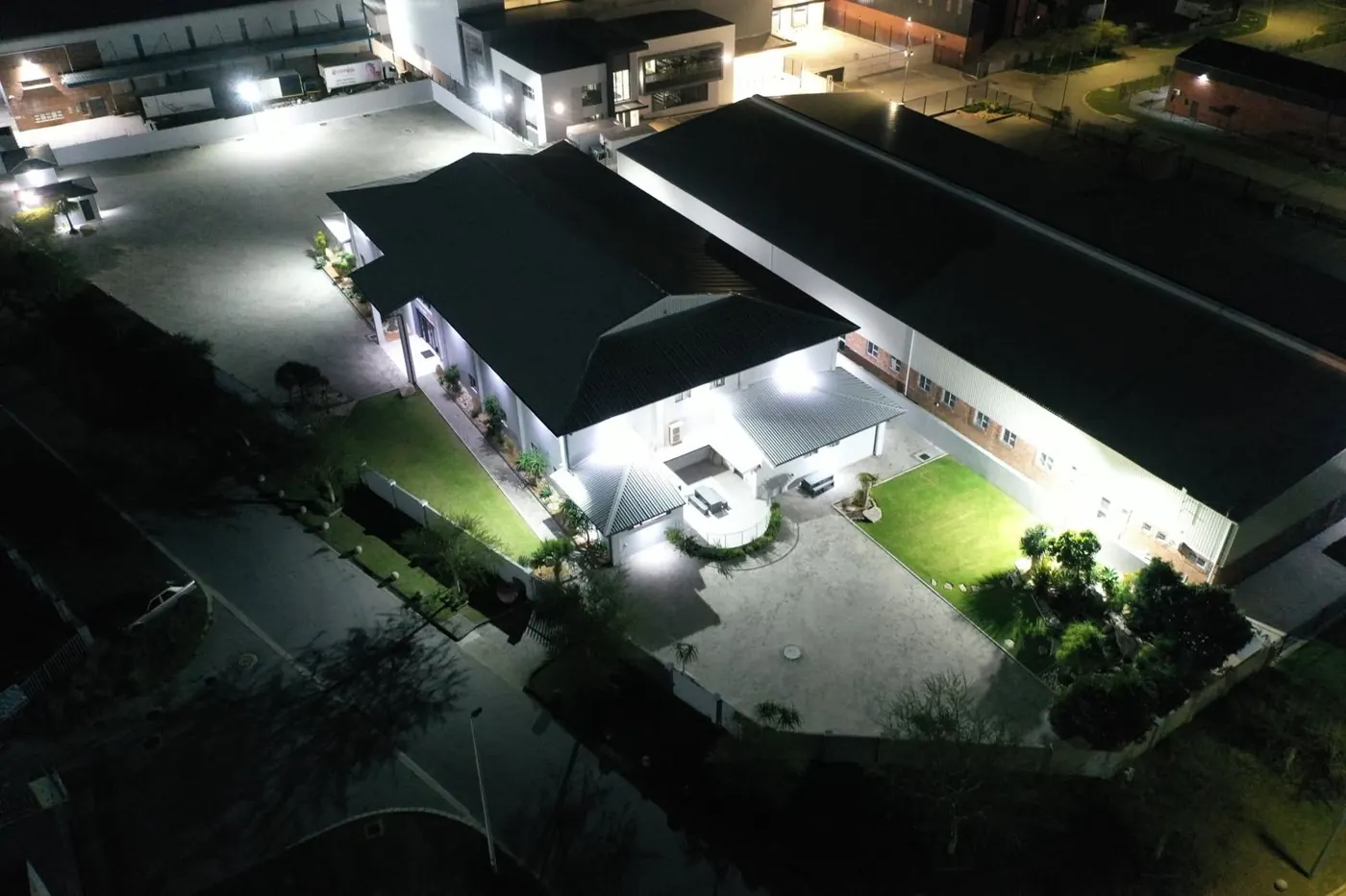 The premises at night